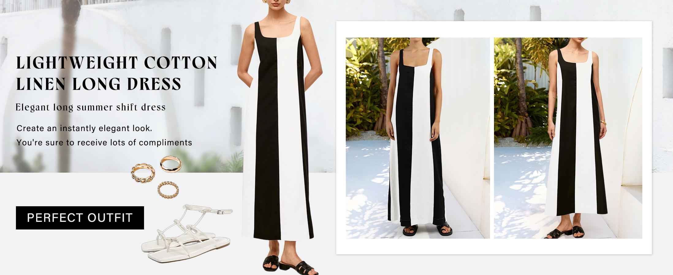 CHARTOU Women Summer Sleeveless Linen Dress Contrast Color Maxi Long Beach Vacation Tank Dress Cotton Linen Casual Dress