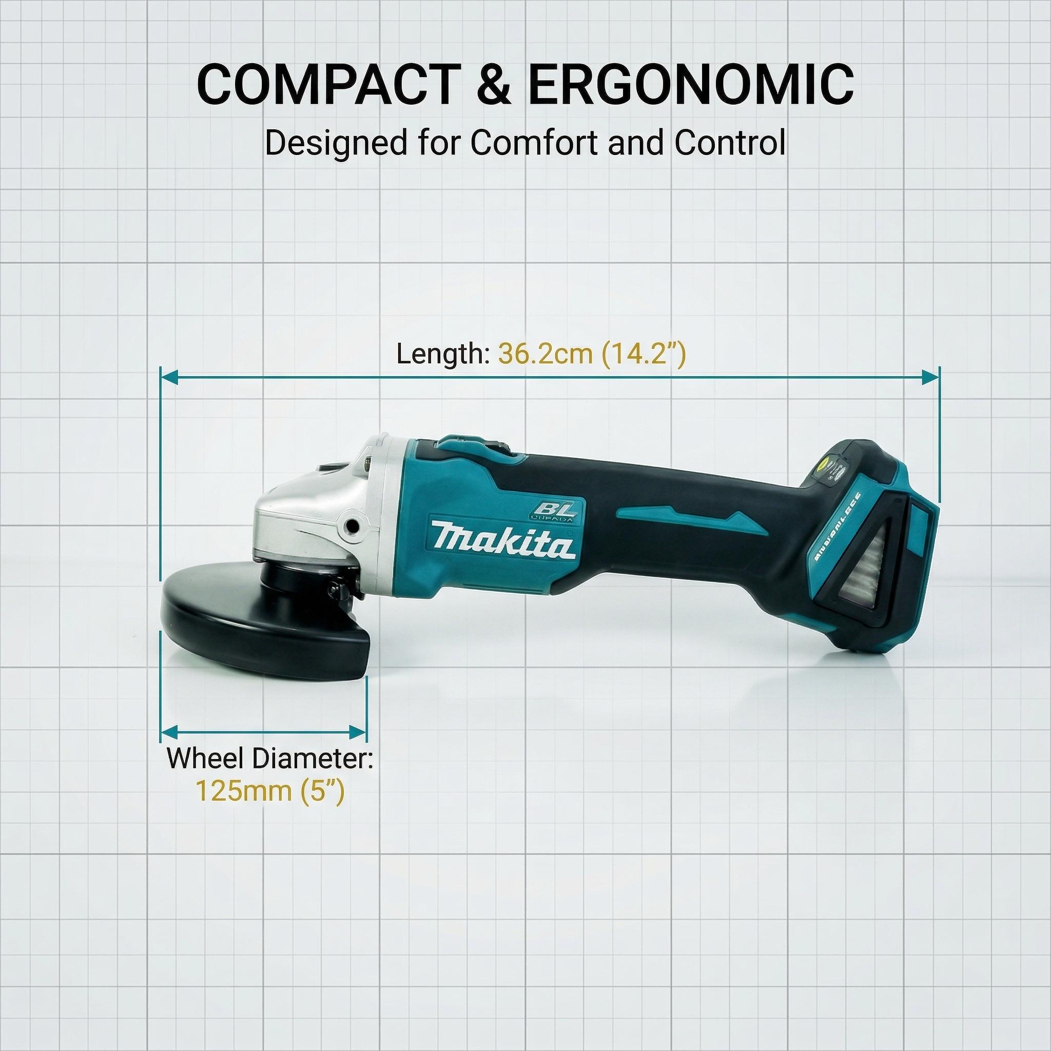 Makita DGA404 18V Cordless Angle Grinder, 125mm Wheel, 8500RPM for Precision Grinding