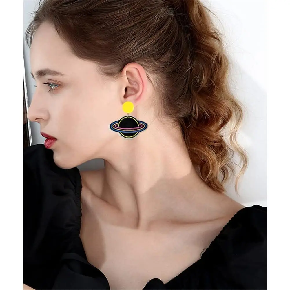 ANXIN Unique Handmade Cartoon Black Embossed Print Rocket Planet Earrings Chic Lightweight Creative Acrylic Drop Dangle Earrings For Women Jewelry Gifts