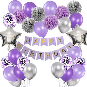 Birthday Decorations for Girls, Purple & Silver Lavender Decor Kit, Balloons, Banner & More