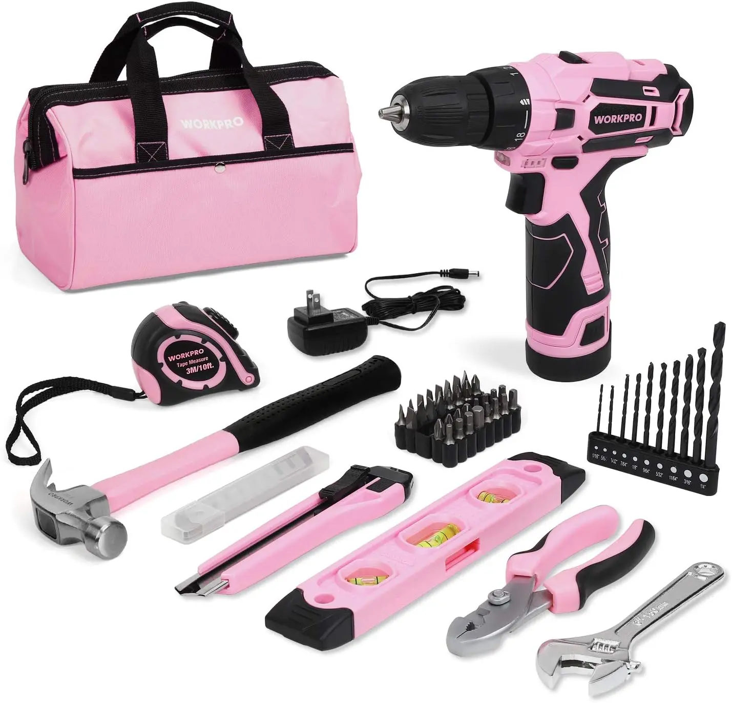 WORKPRO 12V Pink Cordless Drill Driver and Home Tool Kit