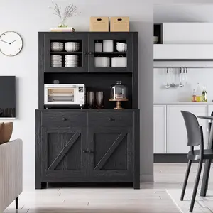 Garvee Kitchen Pantry Cabinet with Microwave Stand, Freestanding Hutch Cabinet with Buffet Cupboard, Tall Storage Cabinets with Adjustable Shelves for Kitchen, Dining Room, Black