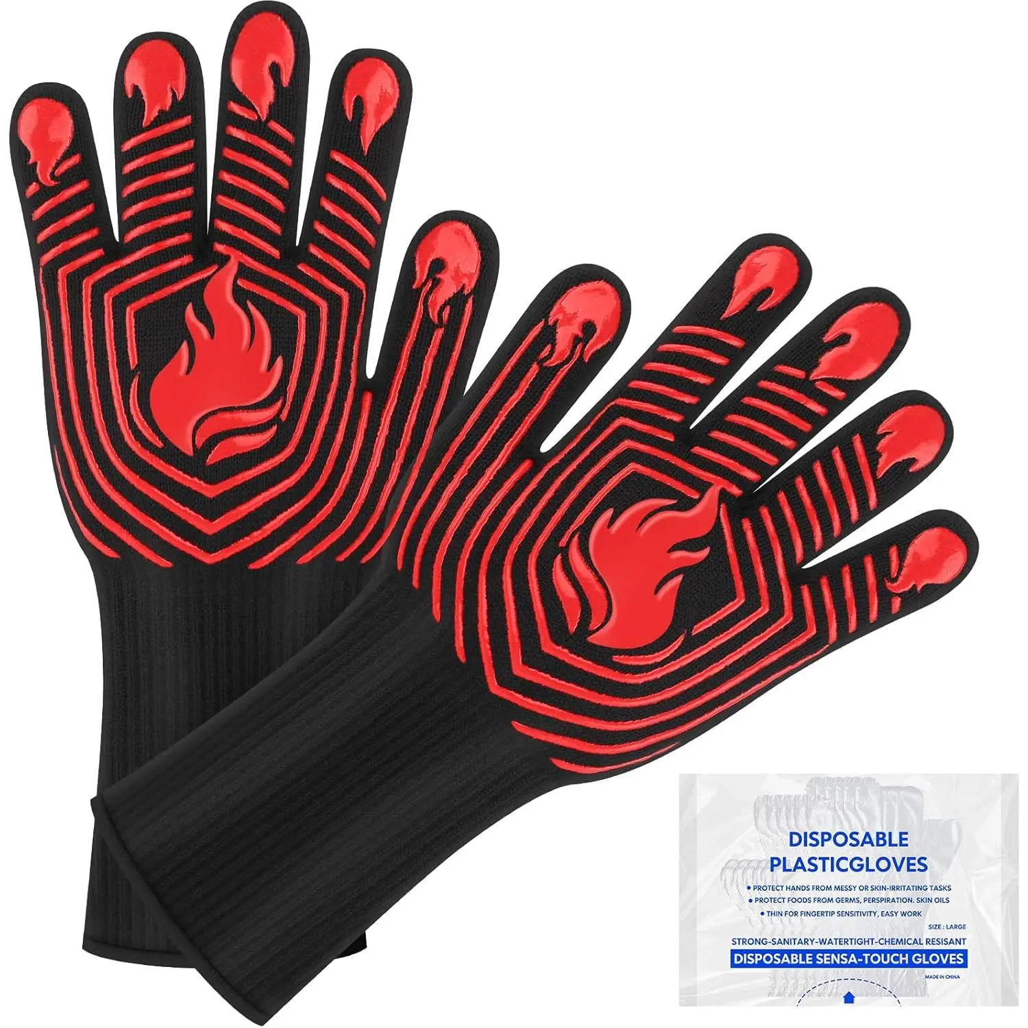 BBQ Gloves, 1472?F Heat Resistant Gloves Fireproof Mitts,Grilling Gloves  Non-Slip Washable Oven Gloves, Kitchen Gloves for Barbecue, Grilling, Cooking, Baking, Camping,  (Red)