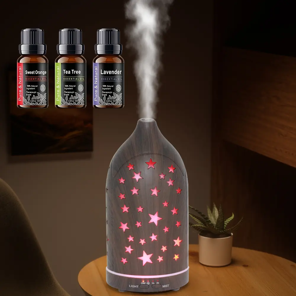 customizable color Wood Grain Forest Hollow Essential Oil Diffuser, 200ml Ultrasonic Aroma Humidifier with Timer & 7 Color LED Lights, Quiet Mist Auto Shut Off, Includes 3 Bottles Essential Oils for Bedroom Home Decor sohochic