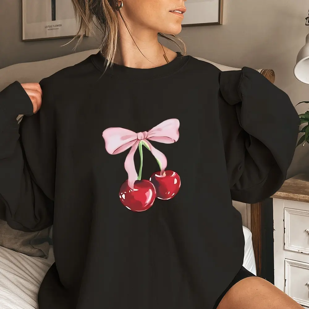 Women's Cherry Print Round Neck Sweatshirt, Casual Long Sleeve Pullover for Daily Wear, Ladies Clothing for All Seasons