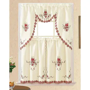 3pcs Multi-Color Embroidery Kitchen Curtains Set with Cutworks, Swag Valance and Tiers for Windows Kitchen Cafe, Beige