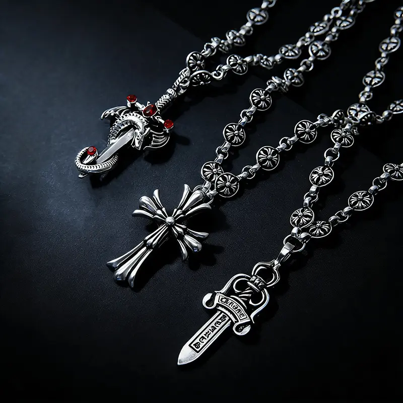 Vintage Gothic Pendant Necklace, Dragon Sword Cross Dagger Antique Silver Flower Link Chain, Punk Rock Statement Jewelry for Men Women Daily Halloween Wear