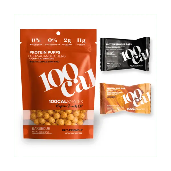 100 Cal Single Serve Snacks Variety Pack - Organic Chocolate Brownie, Peanut Butter Bars + BBQ Puffs - Gut-Friendly, Brain Support Energy Snacks, Low Calorie, High Protein, High Fiber, 0 Added Sugars, Gluten-Free, Keto