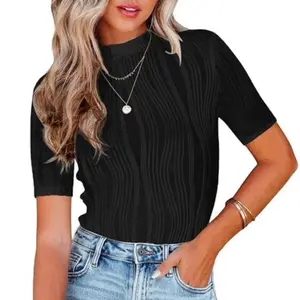 Womens Summer Tops Trendy Textured Mock Turtleneck Short Sleeve Casual Business Work Top Tee Blouses