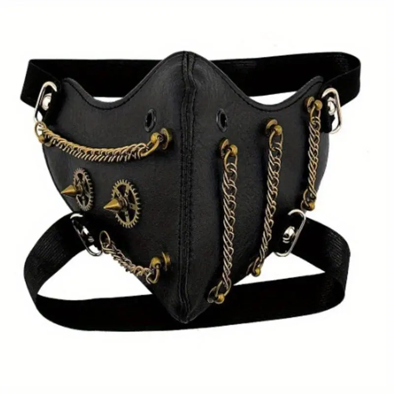 Adult Faux Leather Mask Costume, Cyberpunk-Steampunk Party Accessory with Gold Chain Accent & Adjustable Shoulder Strap, Comfortable Halloween Themed Event Accessory, Accessories