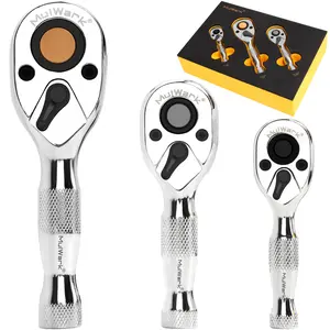 MULWARK 3-Piece Stubby Ratchet Wrench Set - 1/4", 3/8", 1/2" | 72-Tooth, Quick Release, Reversible Mini Ratchet