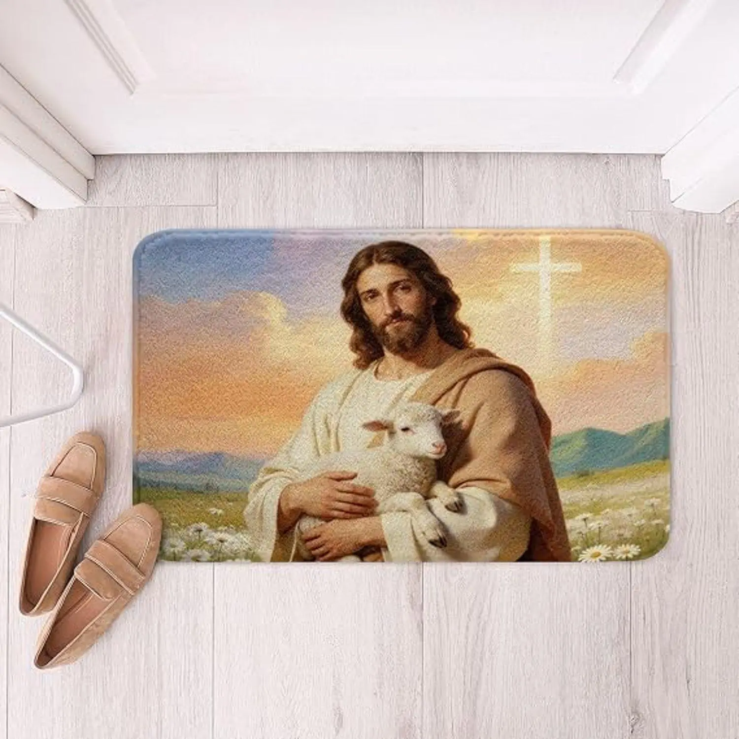 Faith Themed Indoor Jesus Biblical Art Flannel Floor Mat Non Indoor Home Decorative Soft Plush Area Rug with Inspirational Religious Design and Cozy Comfort Style