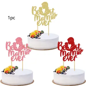 1 Pack Best Mom Ever Cake Topper Glitter Rose Flower Love Heart Happy Mother's Day Cake Pick for Women Birthday Theme Party Cake Decoration Supplies