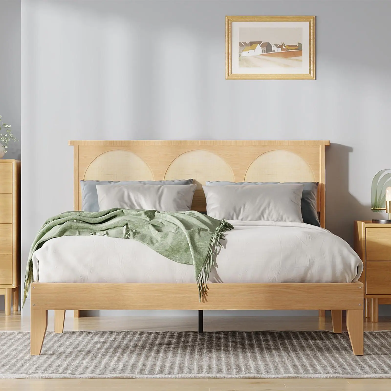 Boho Rattan Bed Frame, FULL Size Wooden Platform Bed with Rattan Headboard & Smart LED Light, Sturdy Bedframe with Under Bed Storage, No Box Spring Needed, Easy Assembly, Bohemian Bedroom Furniture