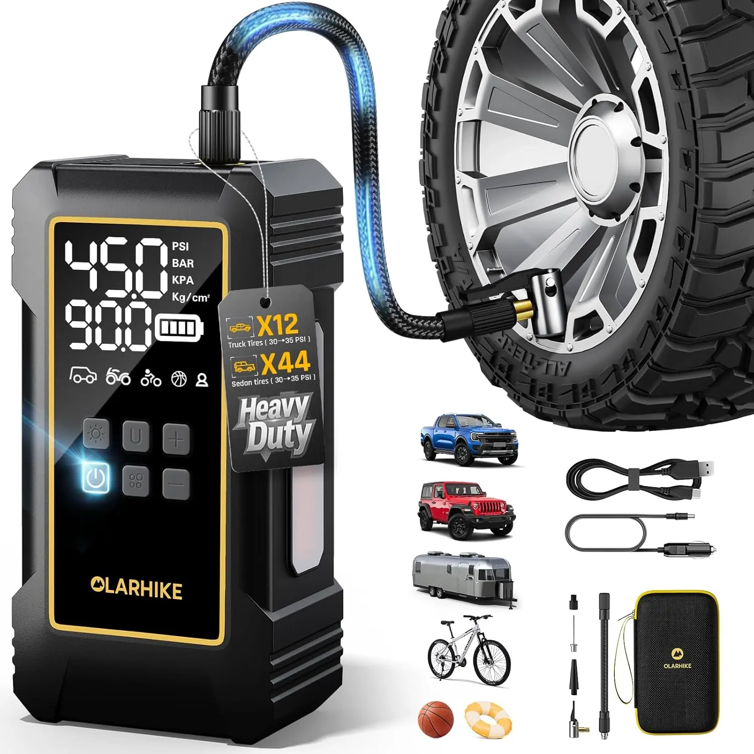 OlarHike 12000mAh Heavy Duty Tire Inflator, 150 PSI Portable Air Compressor, 7X Faster Cordless & 12V Dual Power Tire Pump with Digital Gauge for Cars, SUVs, Pickup Trucks, Jeeps & RVs