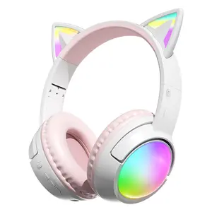 Cat Ear RGB Wireless Gaming Headset for Teens & Kids - Bluetooth 5.3, 40H Playtime, Hi-Fi Sound & Foldable Design with LED Lights, Adorable Cute Headphones Perfect for Gaming, Music, School & as a Gift for Girls and Boys, Pink