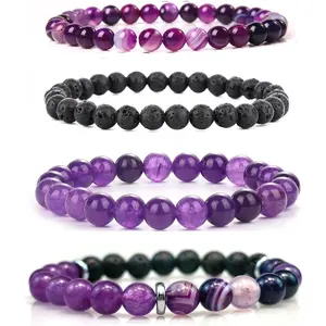4pcs Natural Crystal Beaded Bracelet for Women,8mm Semi-Precious Healing Gemstone Bracelets 6mm Round Beads Stretch Anxiety Stress Relief Bracelet Spiritual Jewelry Gifts