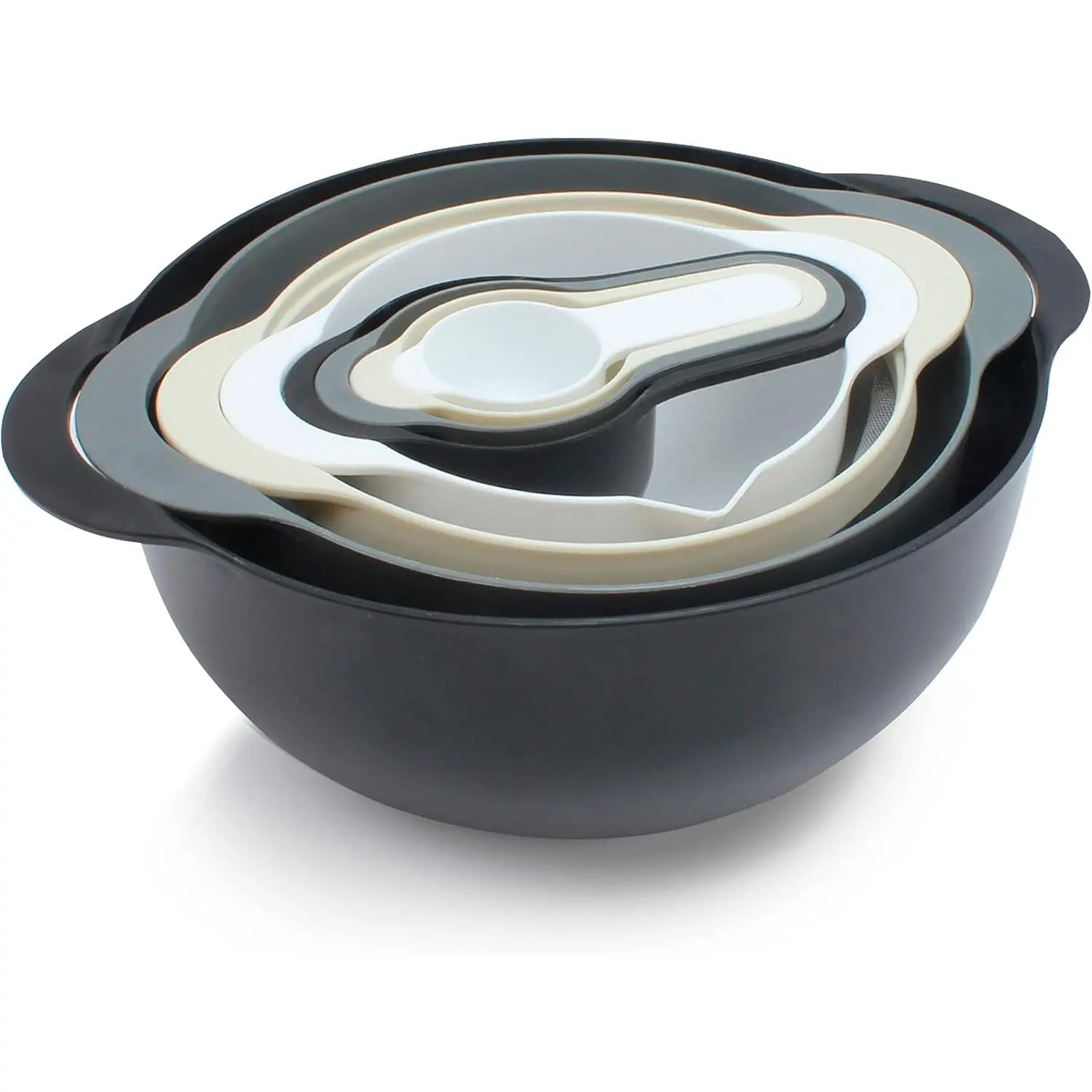 Nesting Bowls with Measuring Cups Colander and Sifter Set - Includes Mixing Bowls, Colander, Sifter and Measuring Cups, Black, 8 Pc Bowl