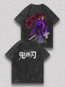 valentine shirts Men's Retro Vintage Distressed Double-Sided T-Shirt - Demon Slayer Kokushibo Print, Anime Street Style Loose Unique Niche Short-Sleeve