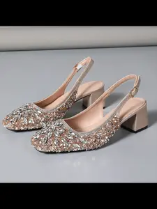 Women's Elegant Summer Water Drill Sandals, High Heel Square Toe Shoes for Shopping, Party, Commuting, Office Fashion