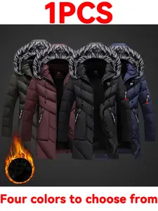 Men's Fitted Hooded Jacket with Fur Collar, Mid-Length Plain Long Sleeve Coat, Casual Fall & Winter Outerwear, Perfect Gift