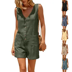 Kingapril Women Cotton Linen Romper Sleeveless V Neck Button Down Wide Leg Short Overalls Casual One Piece with Pockets