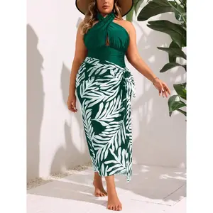 Emerald Halter Swimsuit Women With Zebra Print Cover-Up; Cutout One Piece Bathing Suit; Stylish Two Piece Swimwear Set; Tropical Vacation Beach Outfit; Halter Neck Swimsuit
