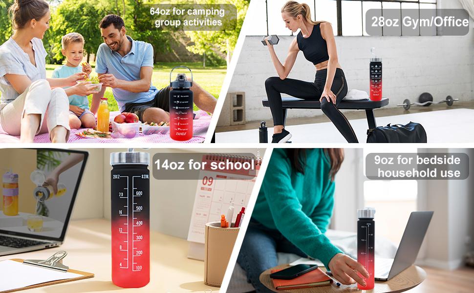 4pcs Water Bottle Set,64oz+28oz+14oz+9oz Large Capacity Sports Fitness Water Bottle,Leak Proof,Straw Inspirational Water Bottle,For Family Camping Outdoor