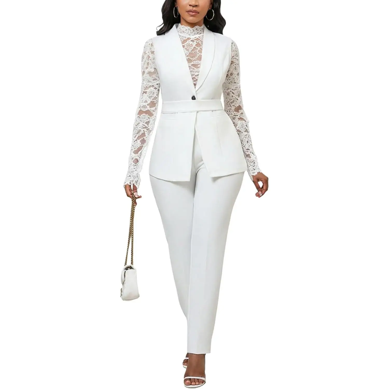 Women's Chic 2-Piece Pant Suit - Lady's Basic Sleeveless Sleek Vest Blazer & Belted Waist Wide Leg Trousers, Fitted Elegant Dressy Business Casual Clothes for Indoor Recreation