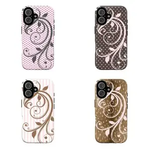 Aesthetic Floral Swirl Vintage Leaf Pattern Soft Pink Polka Dot Stripe Design Graphic Art Trendy Tough Phone Case. Cute Girly Coquette Aesthetic Heavy Duty Shockproof Protective Cover for iPhone 17 Pro Max 16 Air 15 14 13 12 11.