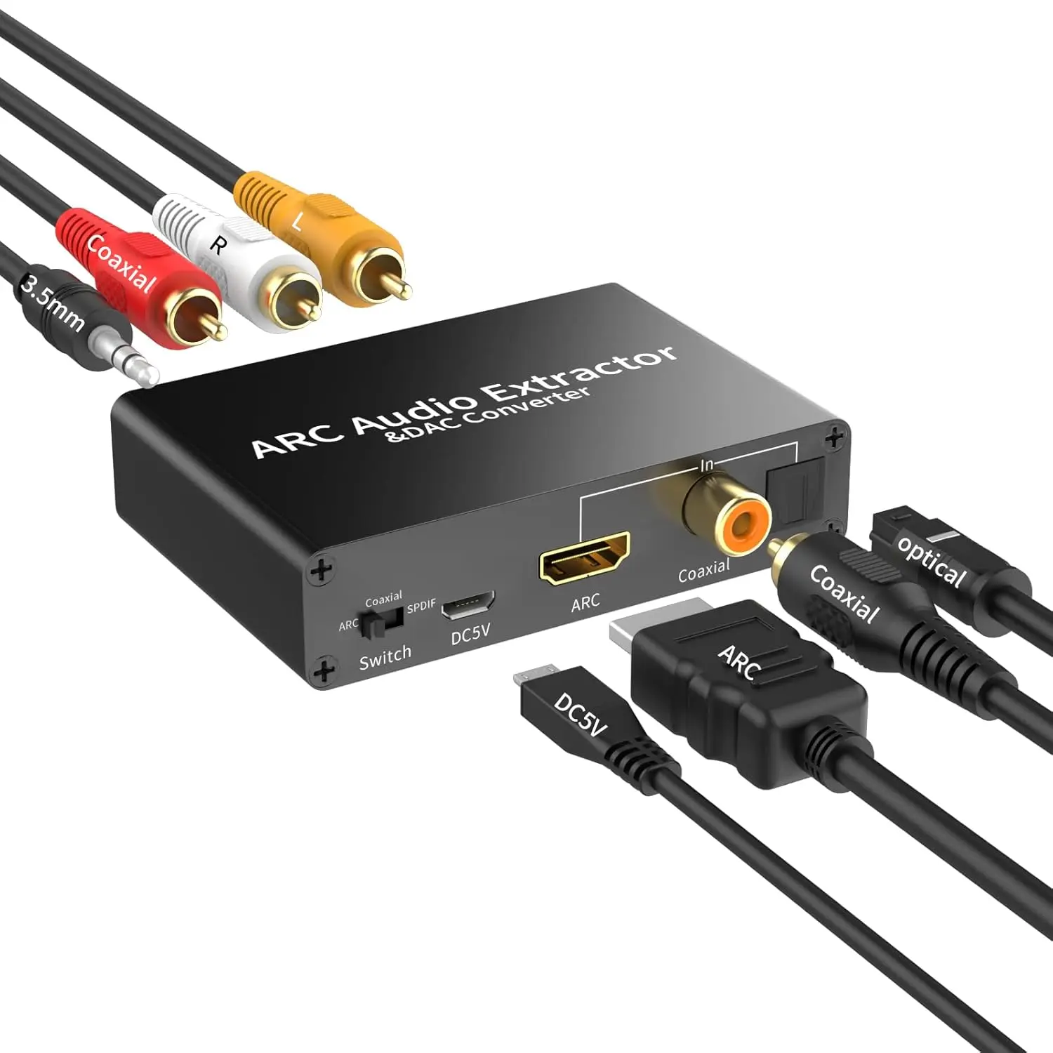 192kHz DAC Digital-to-Analog Adapter - HDMI ARC Extractor with HDMI, USB Cables for PS3, PS4, HDTV, DVD, Mobile Home Cinema Equipment (Adjustable Compatibility), Speaker, Accessories