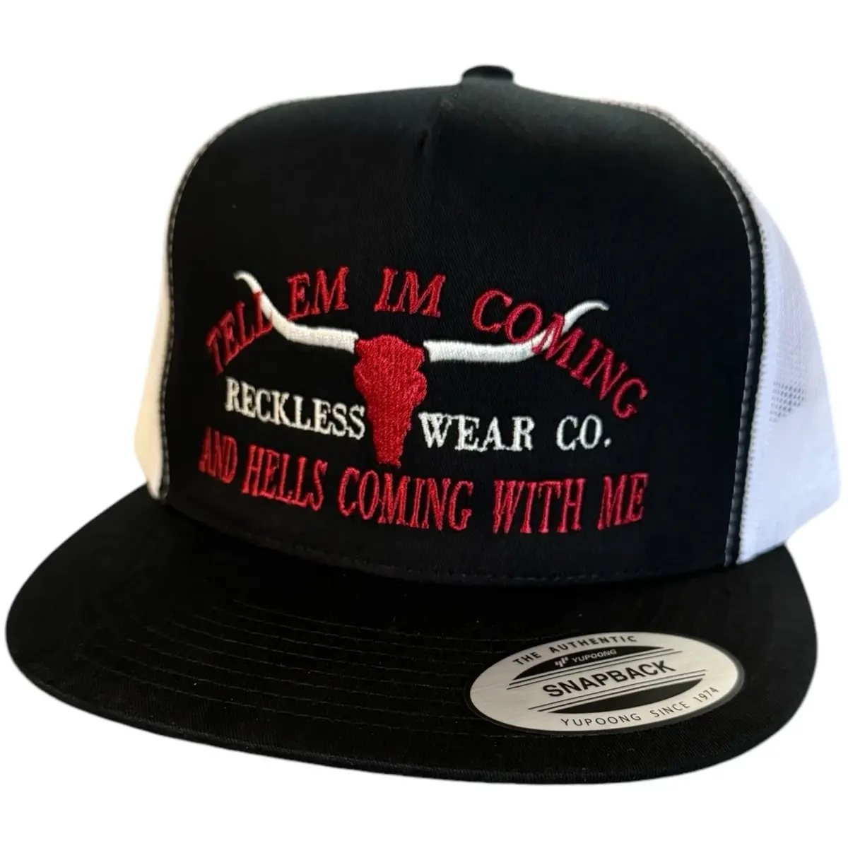 RW Hells Coming With Me Hat - Black Trucker Hat with Red Text Design and Buckle Patch
