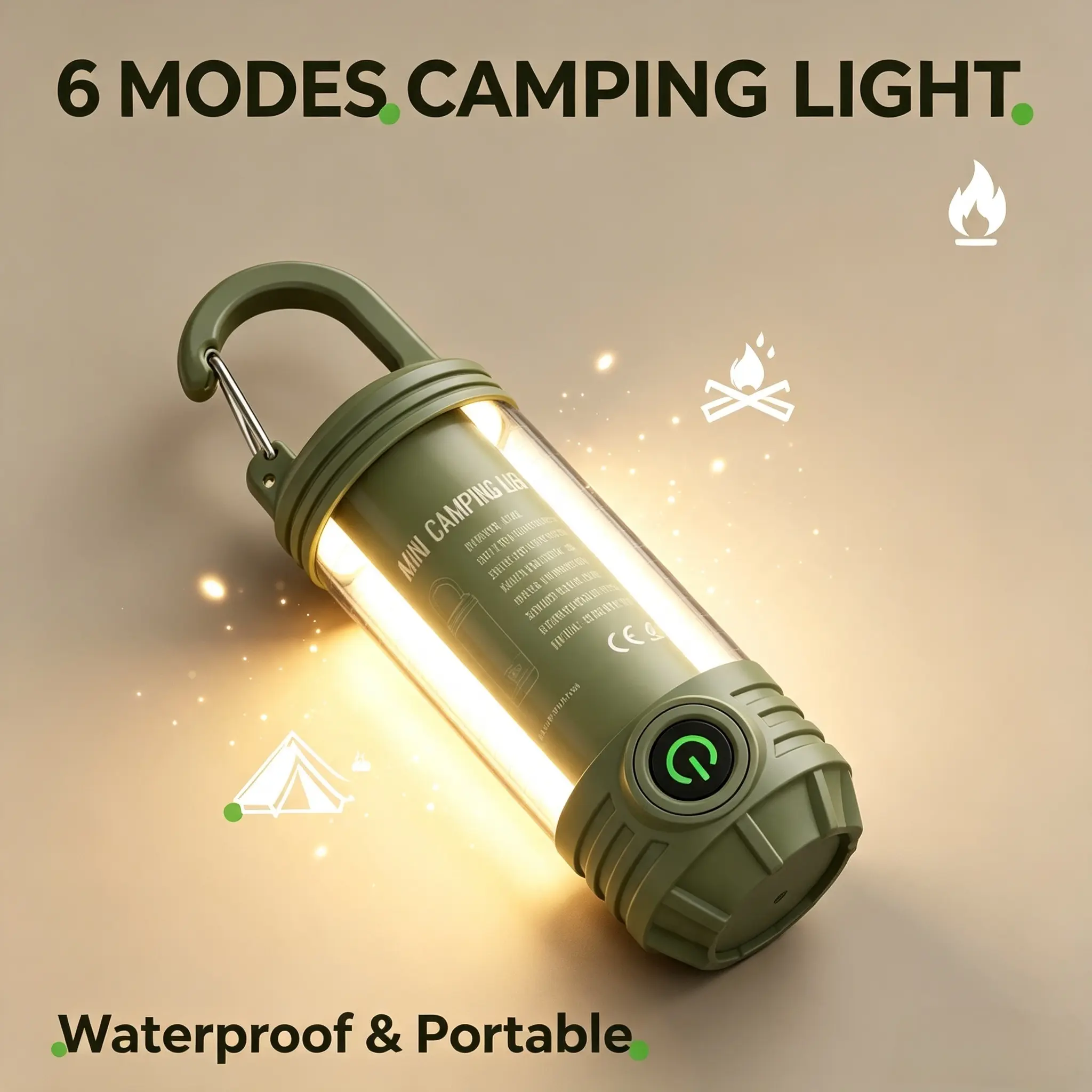 TÁNKYE 2-in-1 Rechargeable LED Camping Lantern-Torch, 6 Lighting Modes, Compact 1-Hand Grip, Emergency Light, Survival-Themed, for Outdoor Camping Home Use (Green)