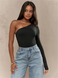 Women's Asymmetric Off-Shoulder Bodysuit. Bodycon Long-Sleeve Top for Night Out. Your Autumn Go-To Top.