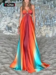 Ombre Maxi Dress for Women Spaghetti Strap Summer Vacation Dress Hide Tummy Cut Out High Waist Slim Fit Long Dress Sleeveless Flowy Boho Beach Dress Lightweight Draped Fabric Resort Holiday Sexy Backless Maxi Dress