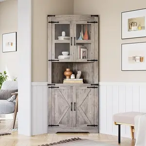 Farmhouse Corner Cabinet, Tall Corner Storage with Glass Door & Adjustable Shelves, Bathroom Cabinet with Storage for Living Room, Kitchen, Bathroom