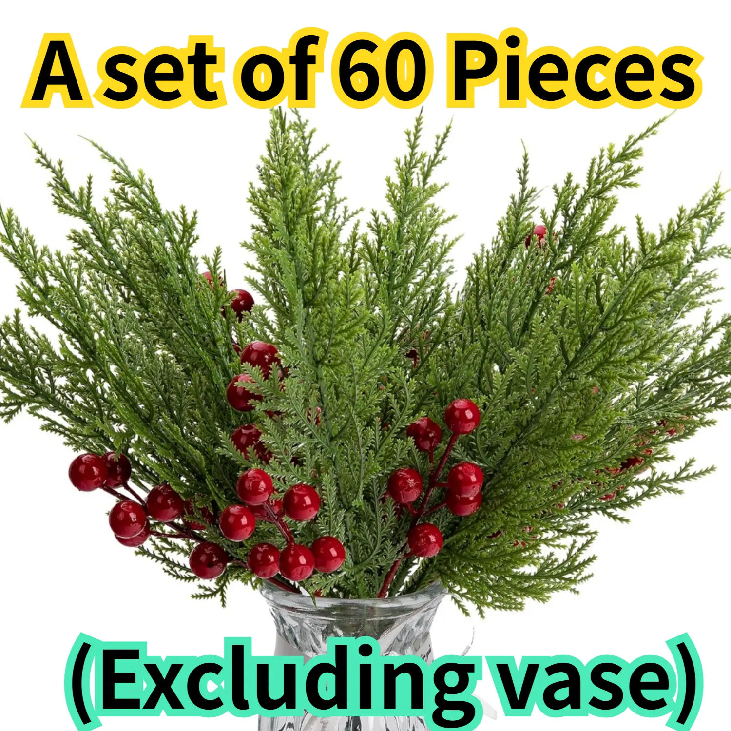 60PCS Plastic Artificial Pine Branches & Berry Stems - 12.5in Faux Evergreen Cedar Sprigs, Fake Pine Needles Picks with Red Berries, Decorative Artificial Plants for DIY Christmas Door & Vase Decor