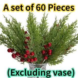 45PCS 3D Artificial Pine Branches and 15PCS Berries Stems  - 12.5 Inch Faux Evergreen Cedar Sprigs Branches- Fake Foliage Pine Needles Picks with Artificial Red Berry Stems for DIY Christmas Decoration Flower Decorative