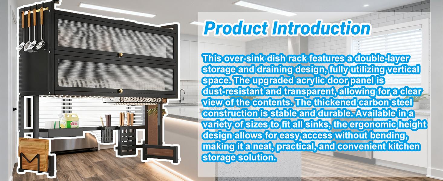 GUYGU 3-Tier Over Sink Dish Rack with Dustproof Cover, Space-Saving Kitchen Organizer, Rustproof Carbon Steel Dish Drying Rack with Drain Tray, Adjustable No-Drill Over Sink Shelf for Dishes, Bowls, Utensils, Matte Black Kitchen Storage