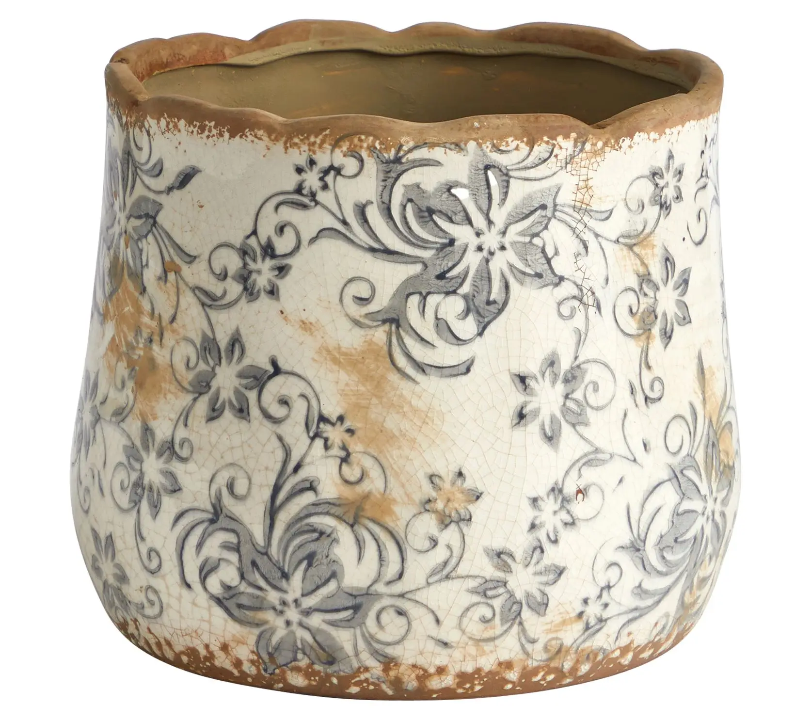 Nearly Natural 7" Tuscan Ceramic Gray Scroll Planter