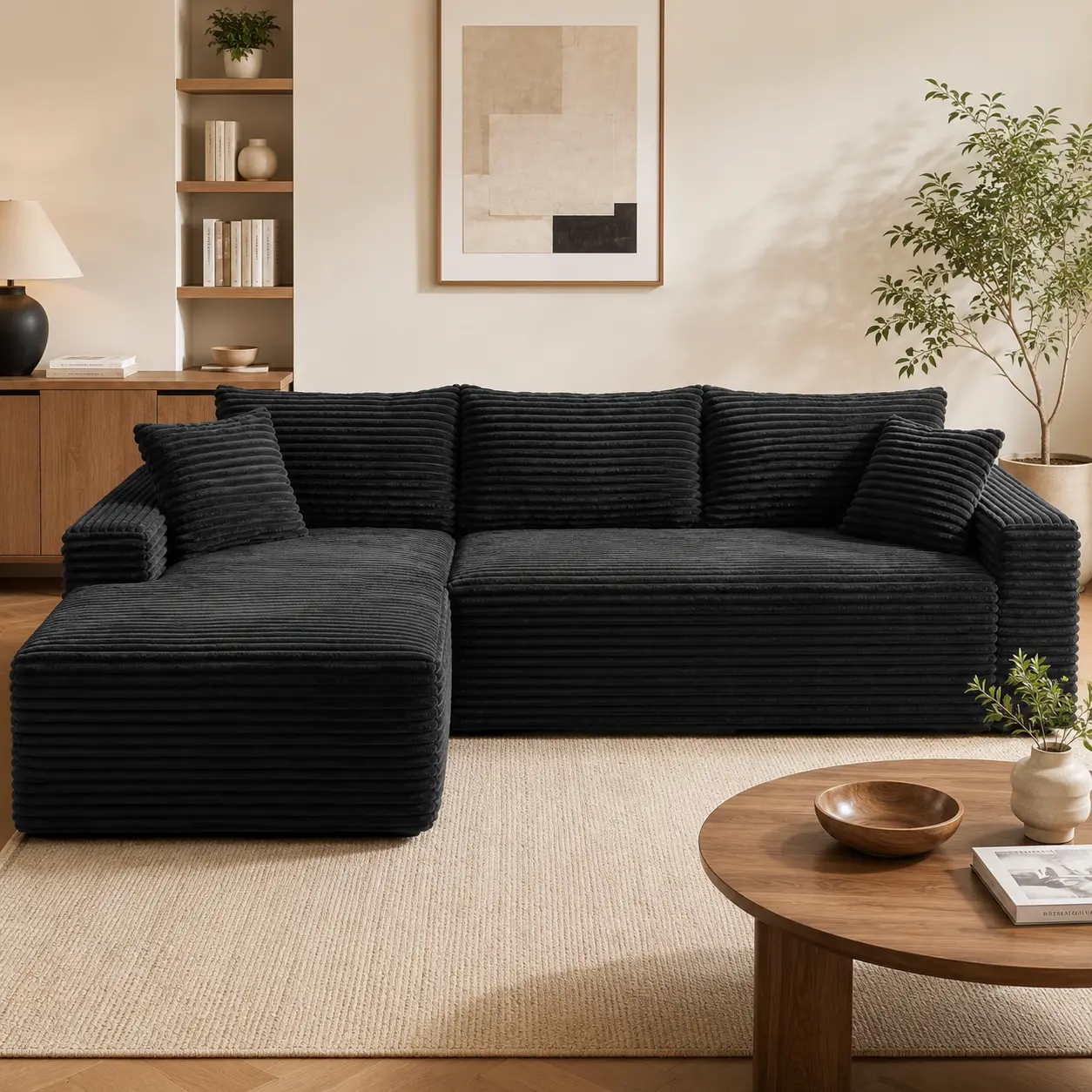 [Fahuac] 94.5" L×60.2" W×29.5" H Corduroy Cloud Reversible L-Shape Chaise Lounge Contemporary Sectional Sofa, 3-4 People Deep Seat Charcoal Minimalist Modular Comfy Couch with Rebound-Resist Polyurethane Foam, No-Assembly Indoor Living Room Decor Piece