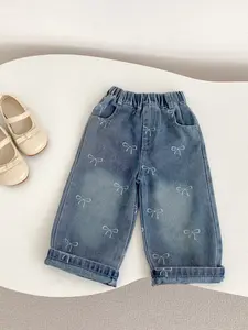 Spring Autumn Bow Tie New Denim Jeans for Baby Girls, Casual Eight-Inch Hem Jeans, Comfortable and Stylish Kids' Clothing