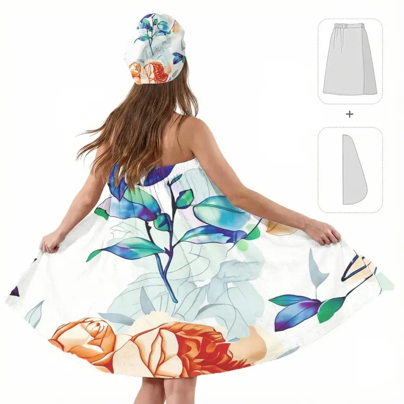 2pc Floral Pattern Women's Post-Bath Towel Dress and Head Wrap Set Sleeveless Towel Dress for Spa Gym Pool Relaxation Beach Vacation ShowerMicrofiber Bath Towel Body Wrap Set Gym Spa Robe Dry Hair Cap Beach Pool Shower Dress Towel Cover up