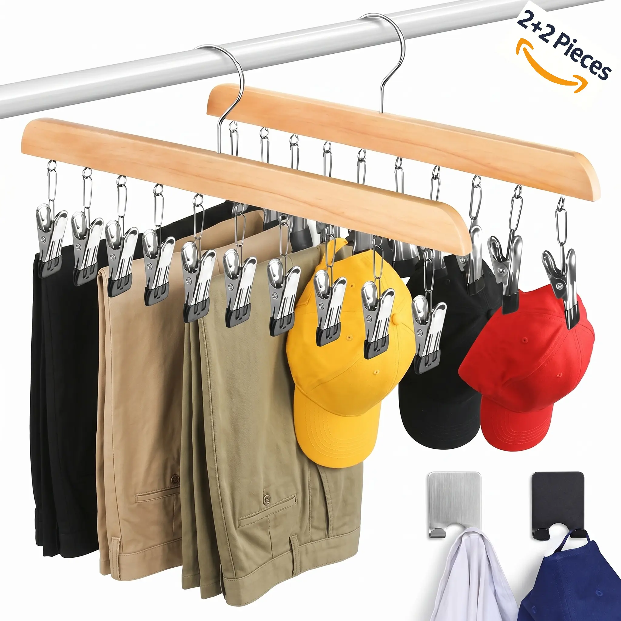 Legging Hanger for Closet Organizer with 10 Clips ,2 Pack Wooden Yoga Pants Hanger Holds 20 Leggings, Space Saving Hanging Closet Organizer w/Rubber Coated Closet Organizers and Storage,Clothes Hanger with Clips for Bra,Belt,Sock,Hat Hanging Organization