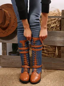 Knee-High High Heel Lace-Up Boots, Western Boot, Trendy Women's Footwear for Casual or Formal Occasions, Stylish and Fashionable Design