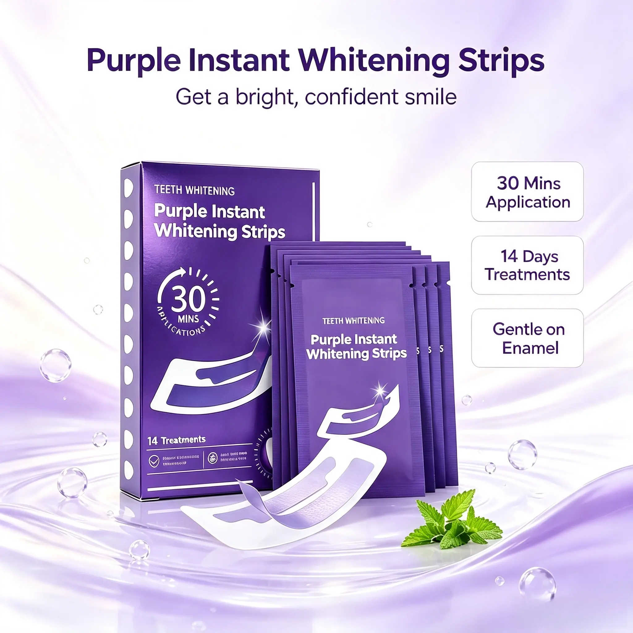 Purple Teeth Whitening Strips, 14 Pairs, Gentle Peroxide-Free Formula for Sensitive Teeth, Color Correcting Stain Remover for Daily & Travel Use