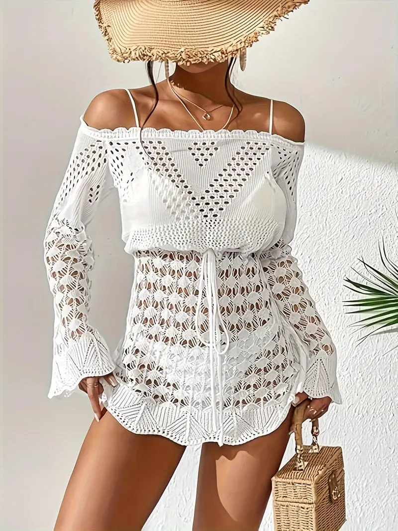 knee length dresses for ladies White Crochet Top Maxi Dress With Ruffle Hem