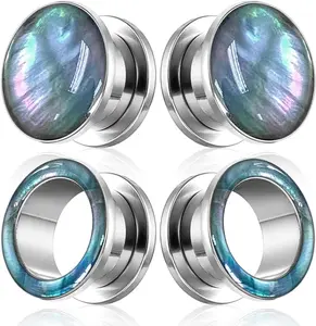 2 Pairs Black Pearls Shell Stainless Steel Ear Gauges Plugs and Tunnels, Size 2g - 1 inch Hypoallergenic Surgical Steel Ear Stretcher Expander Body Jewelry