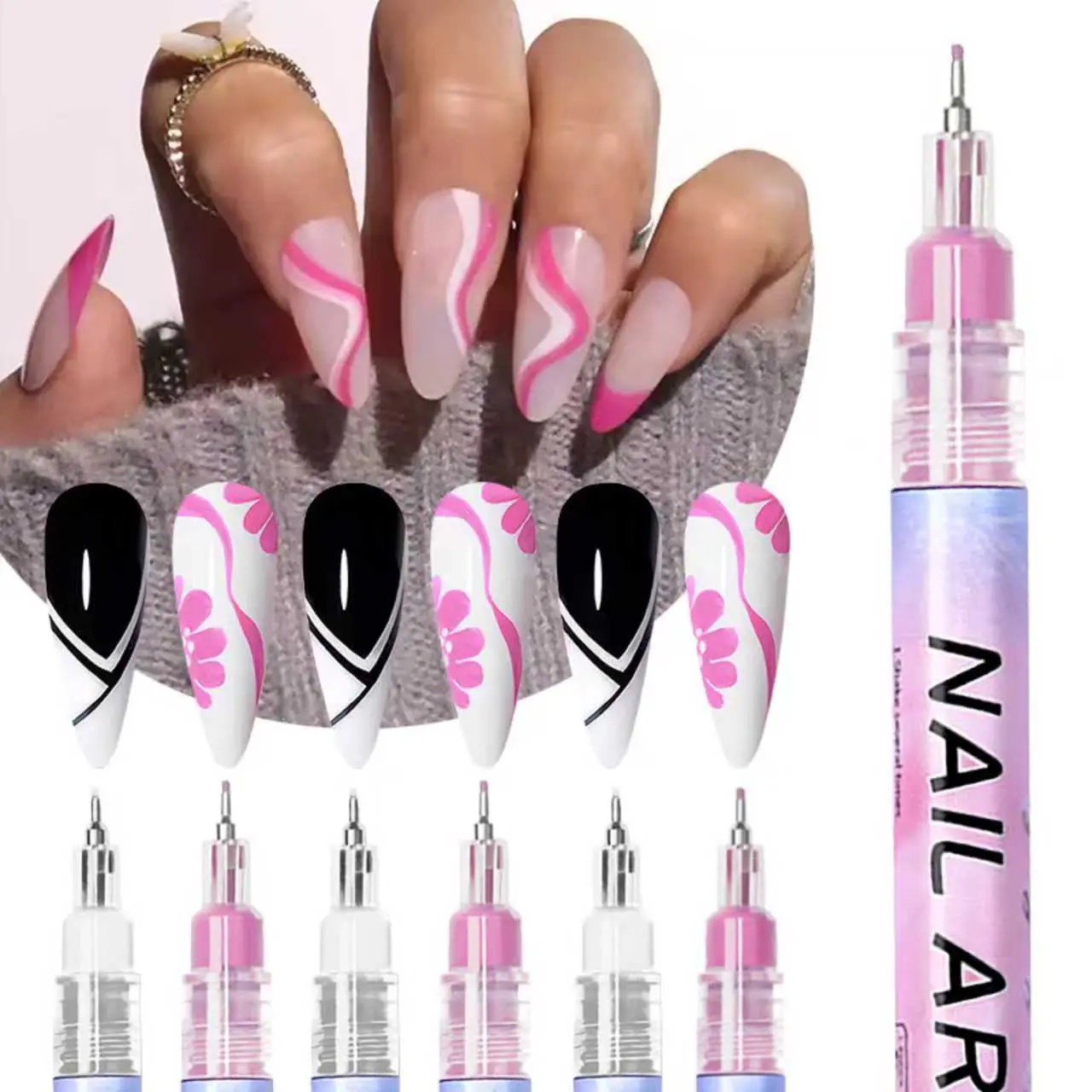 Nail art marker pen, white/pink, quick drying resin pen, better adhesion and painting, durable pen body design, suitable for abstract lines, floral patterns, bright colors, nail tools, Nail Art Manicure, Flower Design Nails, Nail Art Drawing