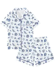 Trendy Mermaidcore Seashell Print Pajama Set for Women | Coastal Aesthetic Blue Starfish & Bow Pattern Sleepwear | Summer Beach Vacation Short Sleeve Button Down Lounge Set | Soft 2-Piece Nautical PJs | Cozy Ocean Theme Nightwear Gift